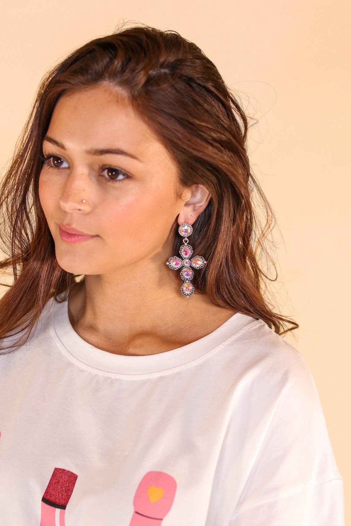 Silver Crystal Cross Earrings: White / One Size