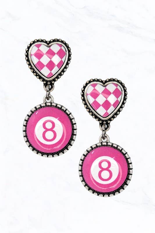 Pink 8 Ball Heart Earrings