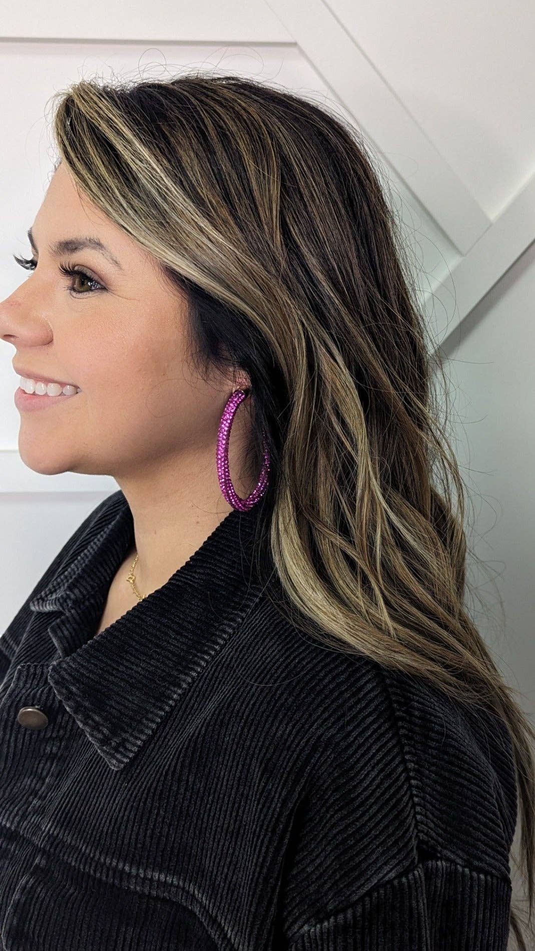 LET'S GO GIRLS TURQUOISE CRYSTAL HOOP EARRINGS: Fuchsia / One Size