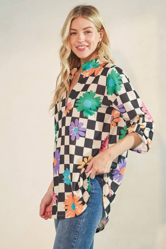 THREE QUARTER BUTTON SLEEVE MANDARIN FLORAL TOP: (S-M-L)