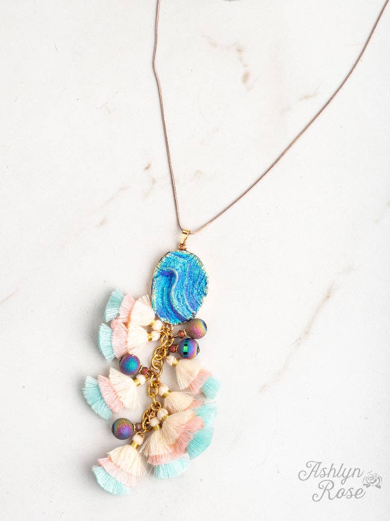 Under the Sea Necklace with Pastel Tassels & Ocean Blue Stone Pendant: Multi / One Size