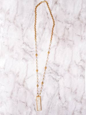 SHE'S LEGENDARY WHITE MARBLE RECTANGLE PENDANT ON A WHITE CRYSTAL GOLD NECKLACE: White / One Size