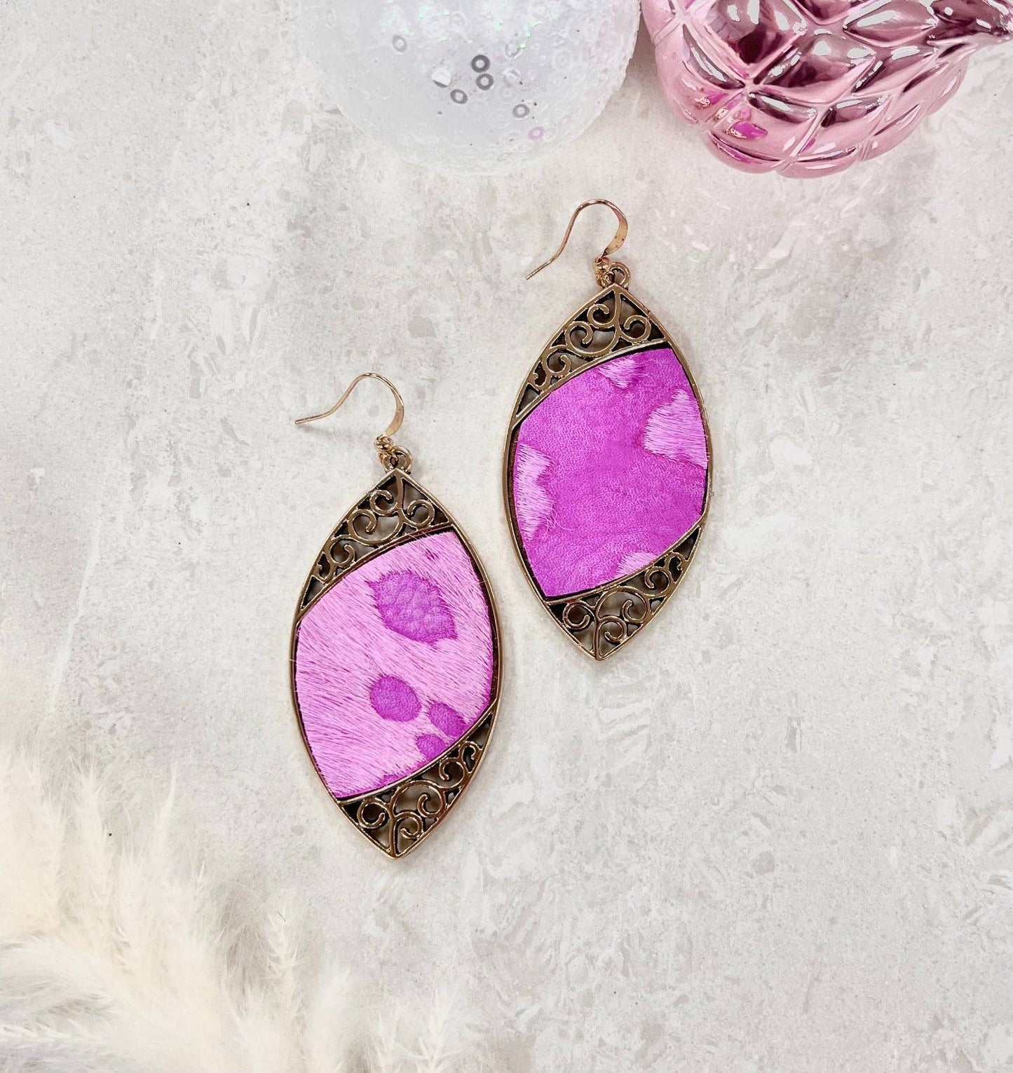 Gold Scroll and Fuchsia Drop Earrings: Fuchsia / One Size