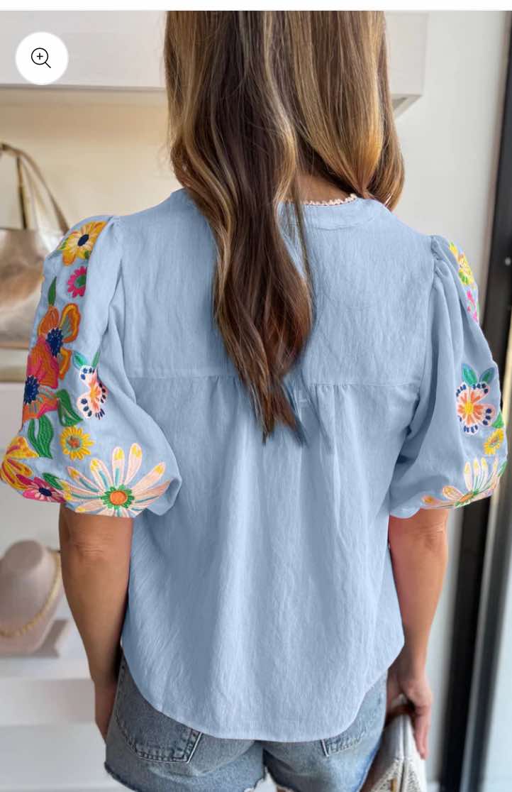 Floral Embroidered Puff Sleeve Summer Blouse
