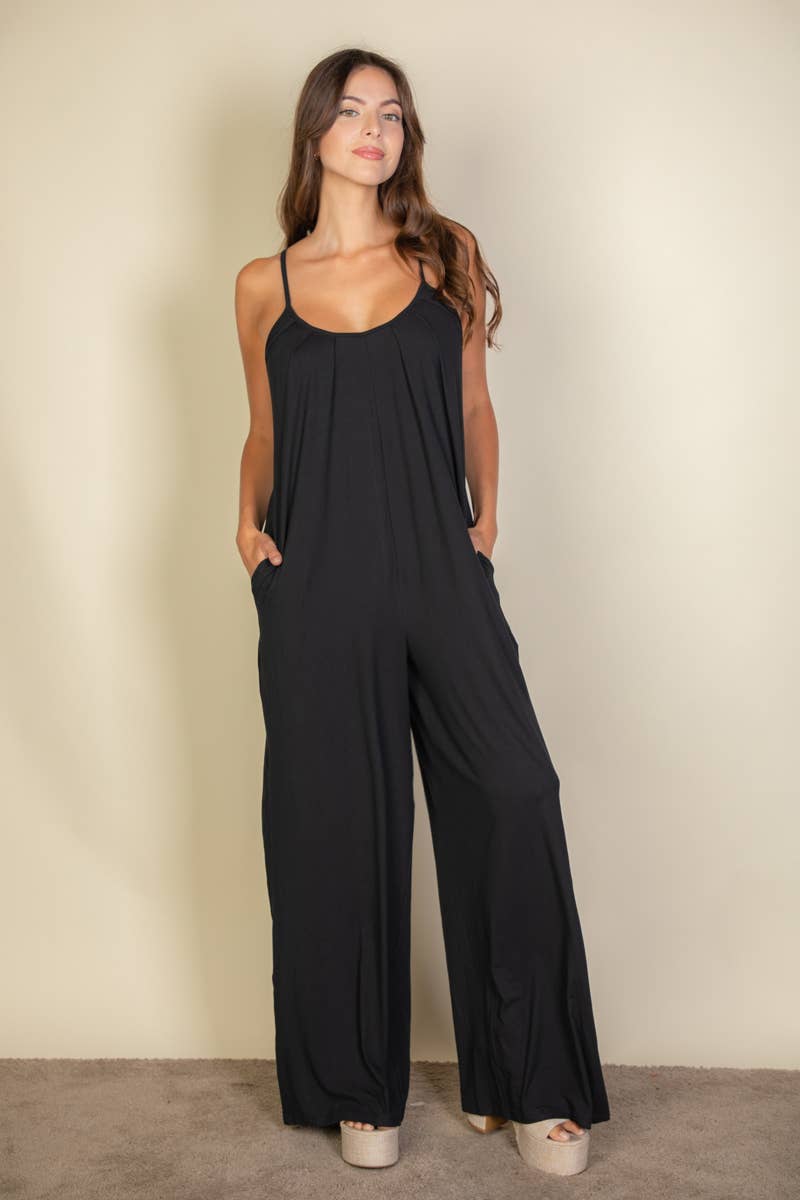 Spaghetti strap solid wide jumpsuit: Black