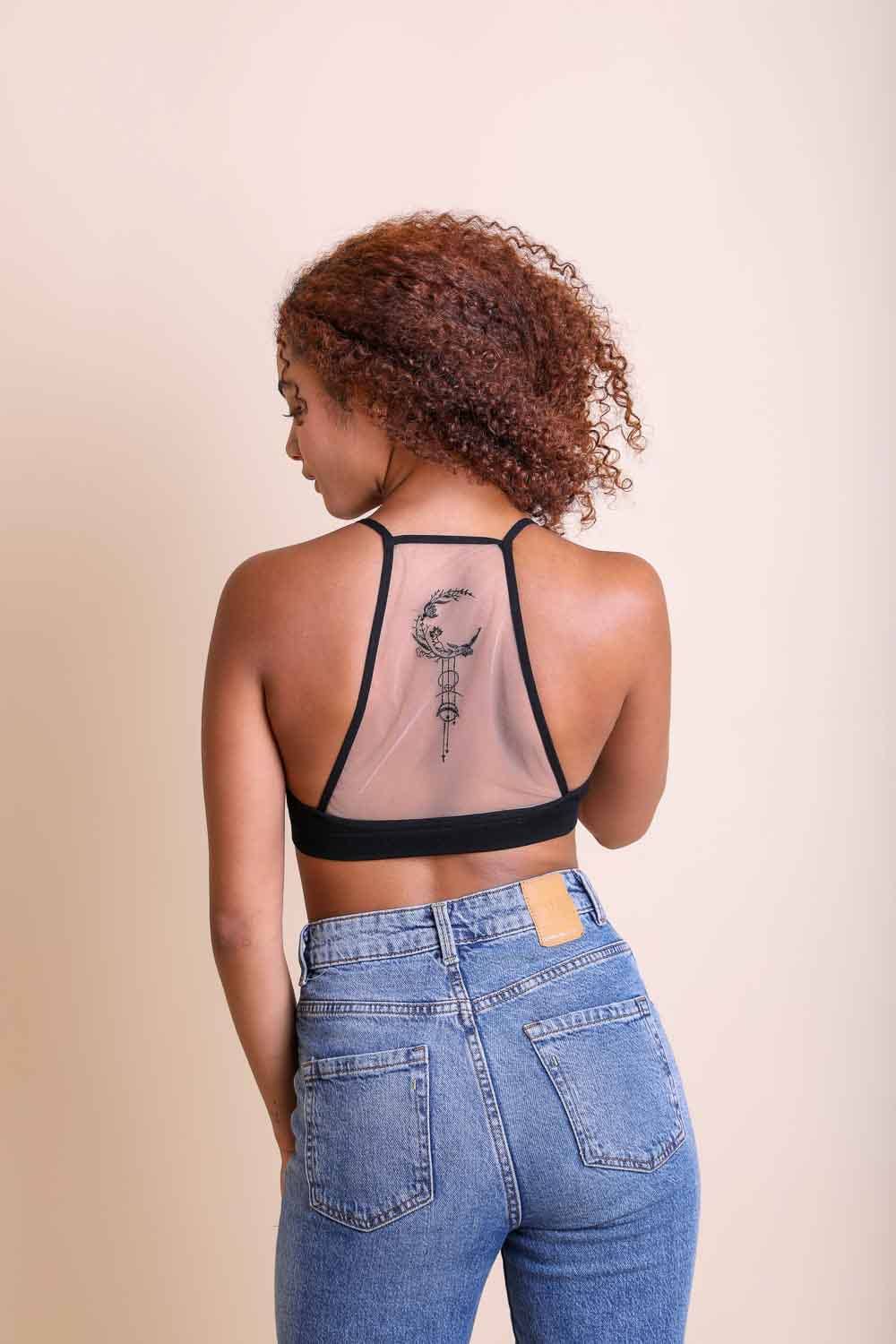 Crescent Moon Dream Catcher Tattoo Mesh Bralette π: Black