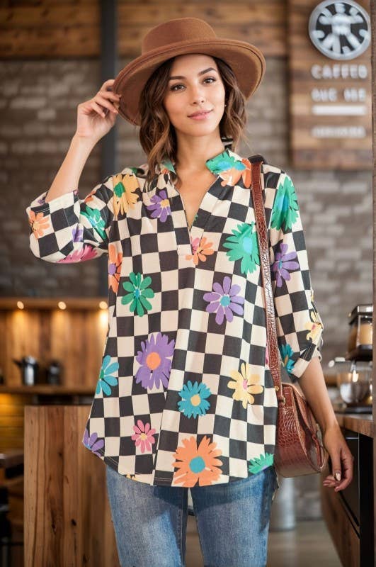 THREE QUARTER BUTTON SLEEVE MANDARIN FLORAL TOP: (1X-2X-3X)