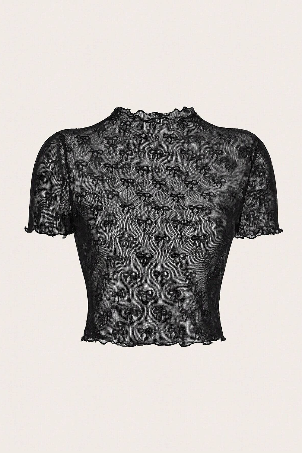 Black Bowknot Sheer Mesh Mock Neck Lettuce Trim Short Sleeve Top: Black