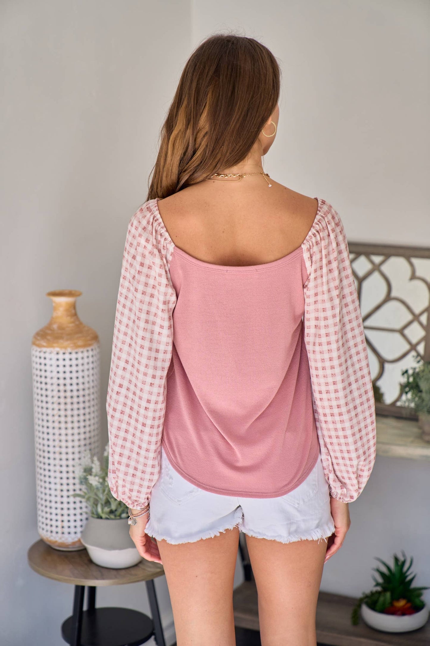 Woven and knit mixed long-sleeve top: Pink / Contemporary