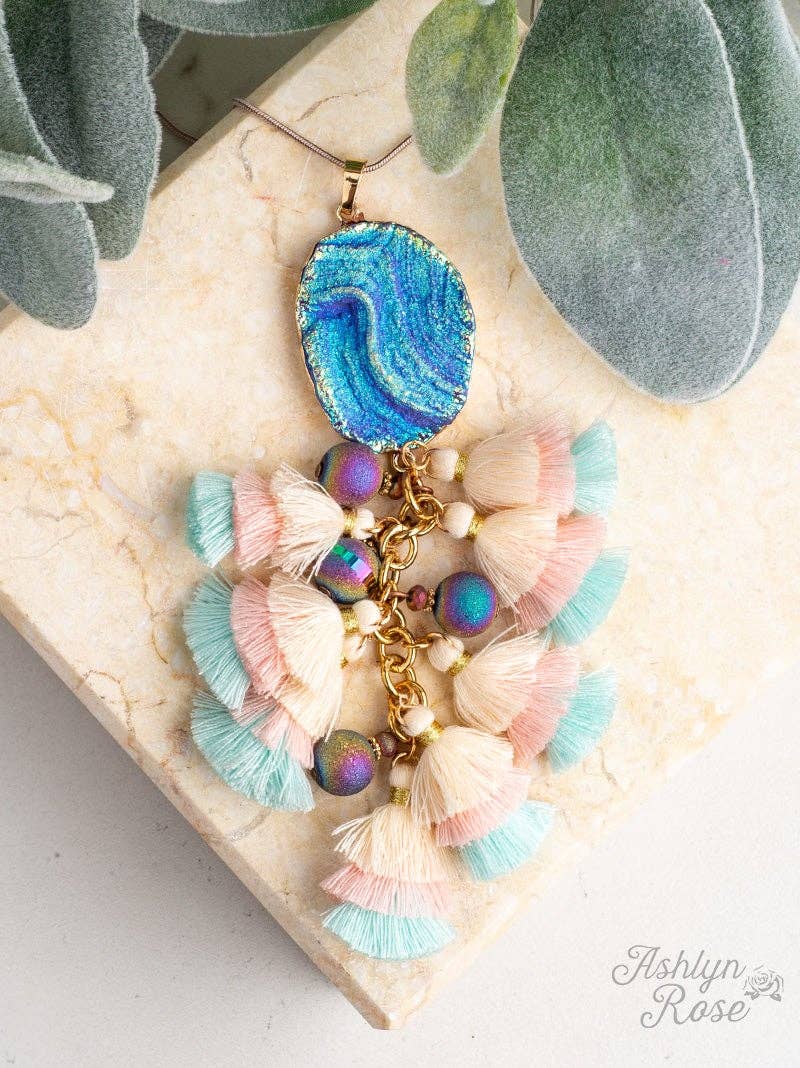 Under the Sea Necklace with Pastel Tassels & Ocean Blue Stone Pendant: Multi / One Size