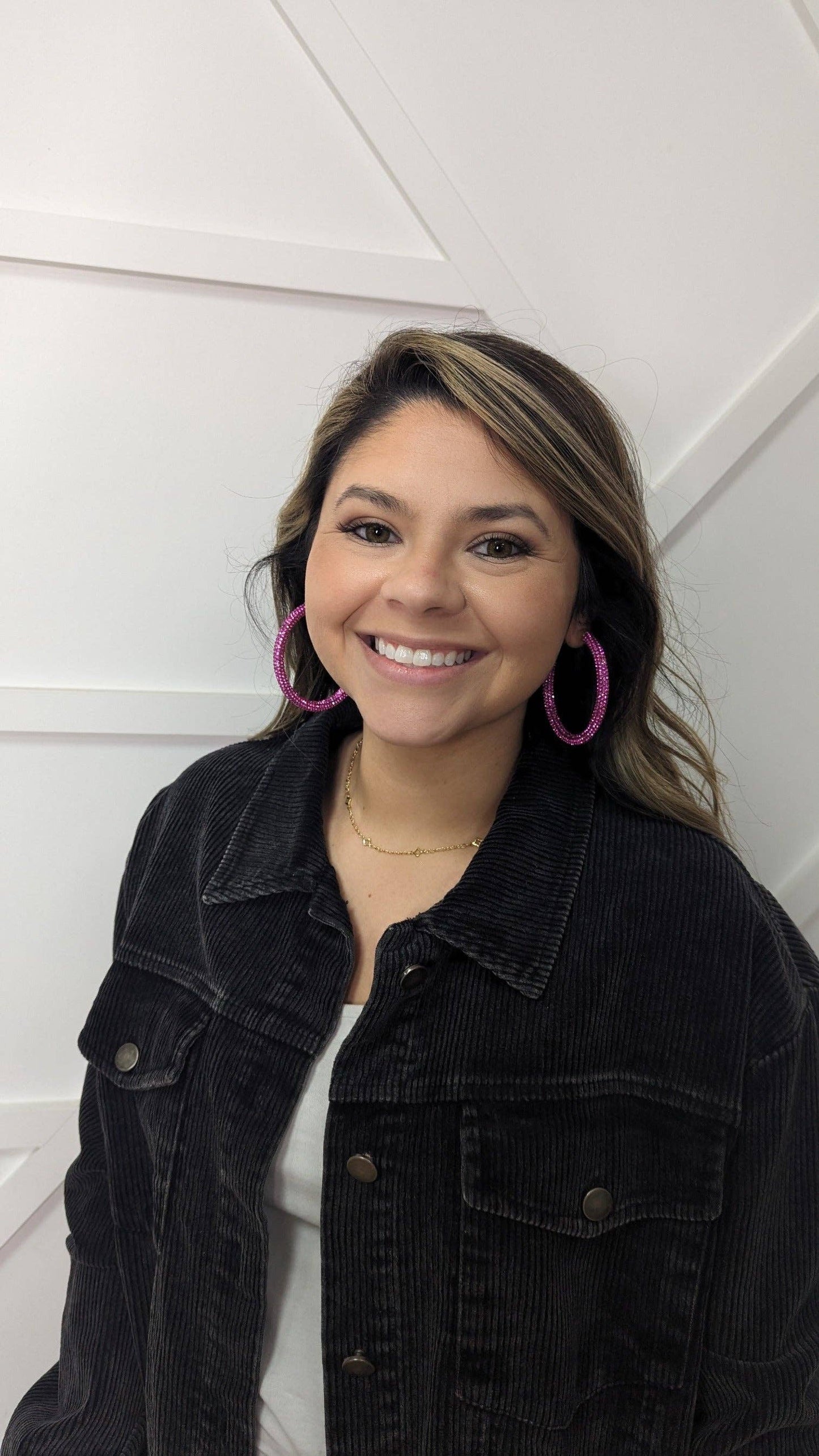 LET'S GO GIRLS TURQUOISE CRYSTAL HOOP EARRINGS: Fuchsia / One Size