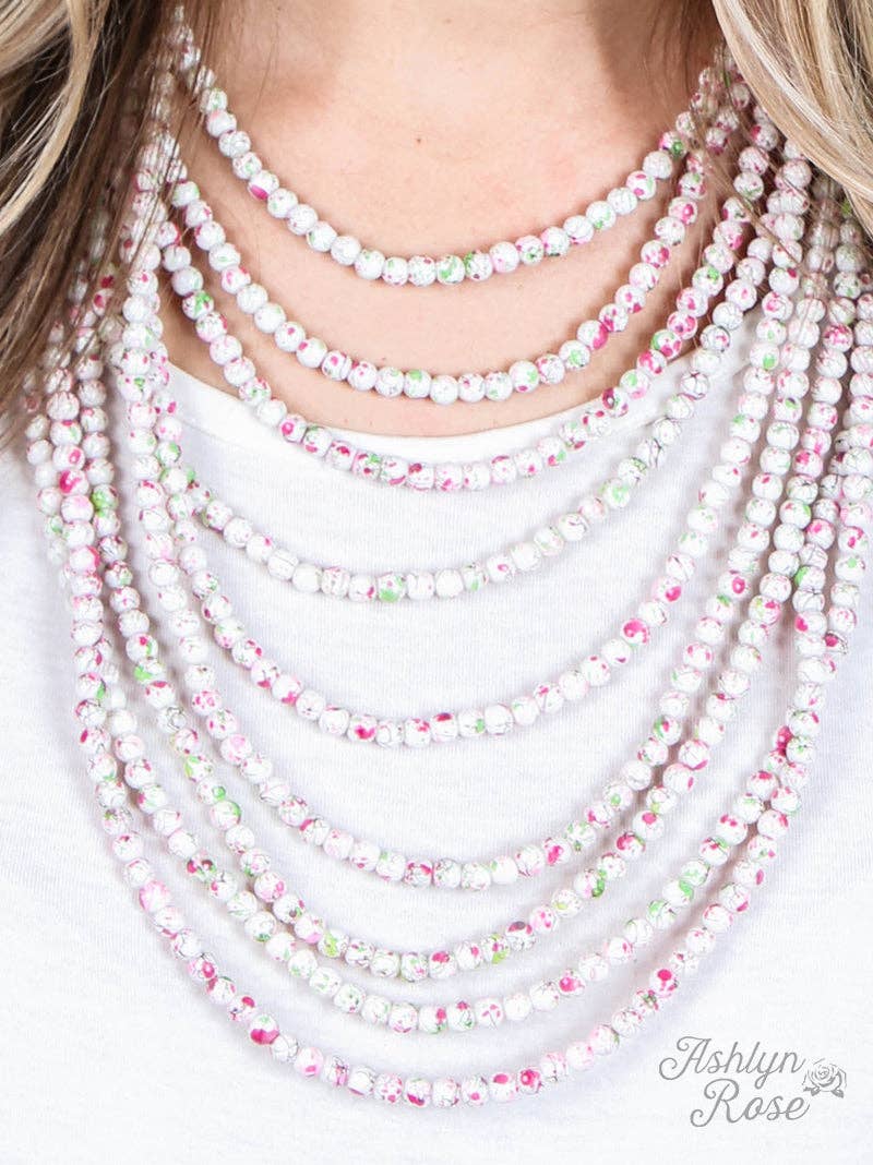 To the Nines Multi Layered White Necklace with Magenta & Lime Green Splatter, Gold: Pink White / One Size