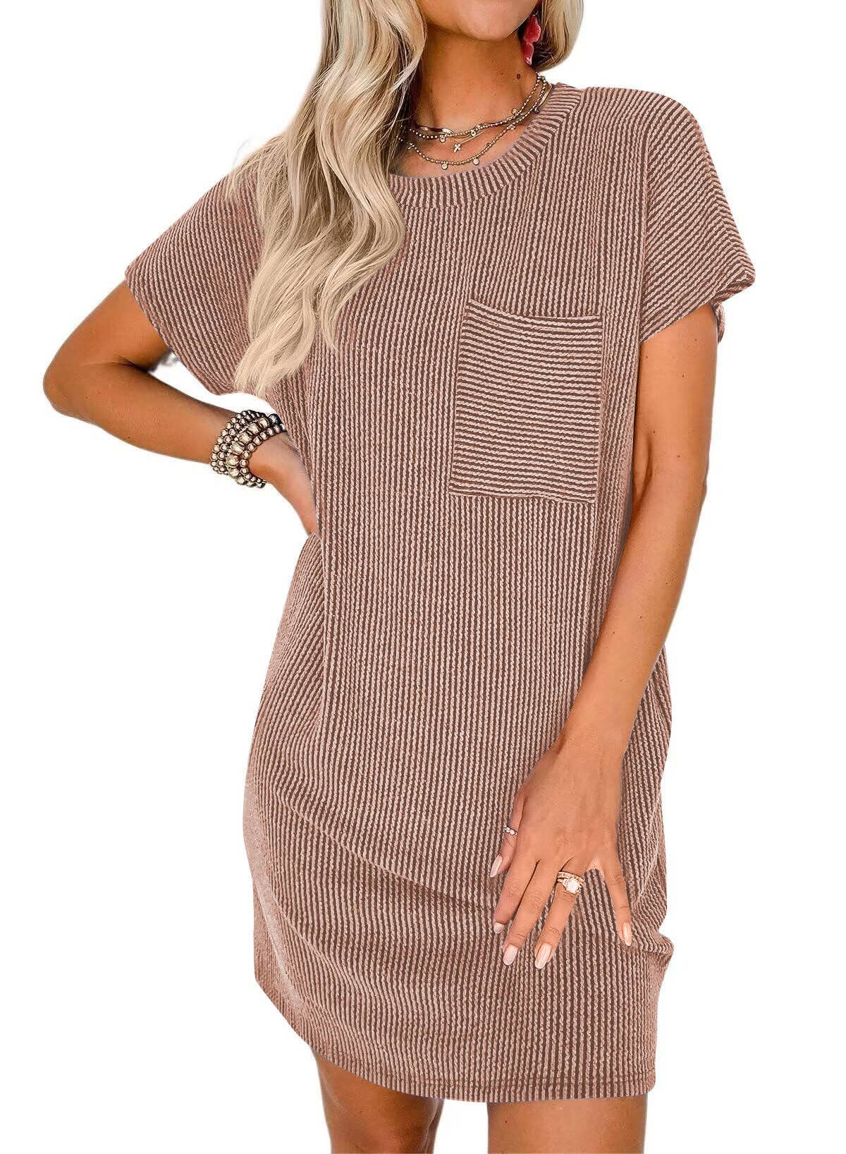 Summer Casual T-shirt Short-sleeved Dress (With Pockets): Light Brown