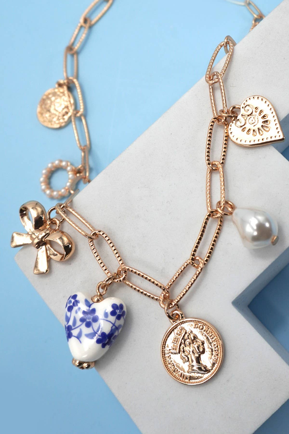 CERAMIC PORCELAIN BOW HEART CHARM LINK NECKLACE Gold