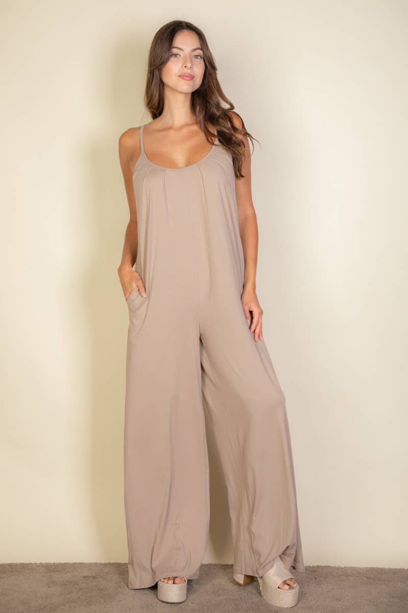 Spaghetti strap solid wide jumpsuit: Black