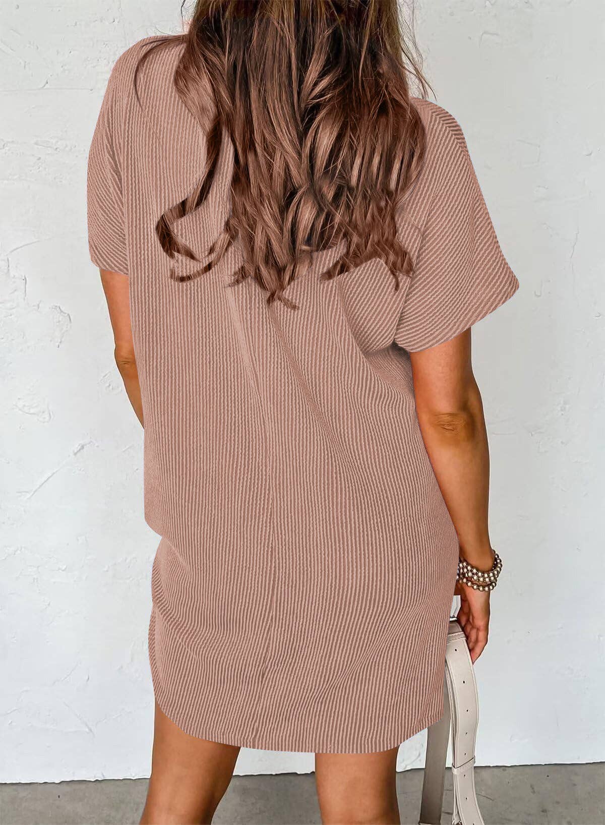 Summer Casual T-shirt Short-sleeved Dress (With Pockets): Light Brown