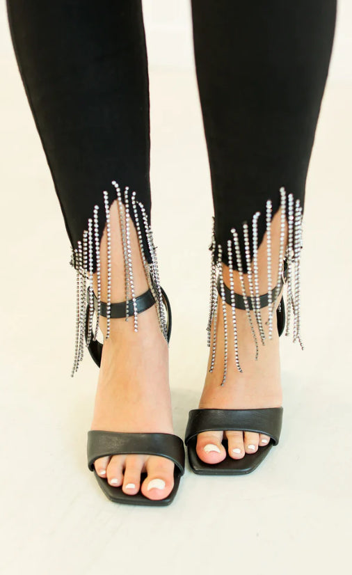 THE GENOVA BLACK SKINNY JEANS WITH RHINESTONE FRINGE DETAIL