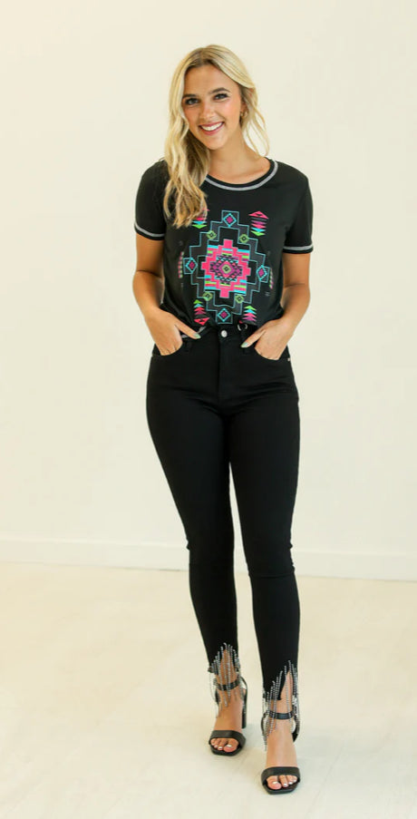 THE GENOVA BLACK SKINNY JEANS WITH RHINESTONE FRINGE DETAIL