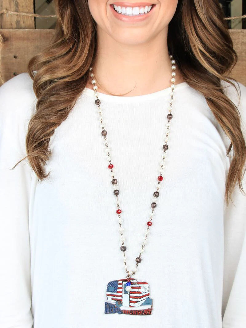 Life is A Highway Camper on Long Necklace, Copper