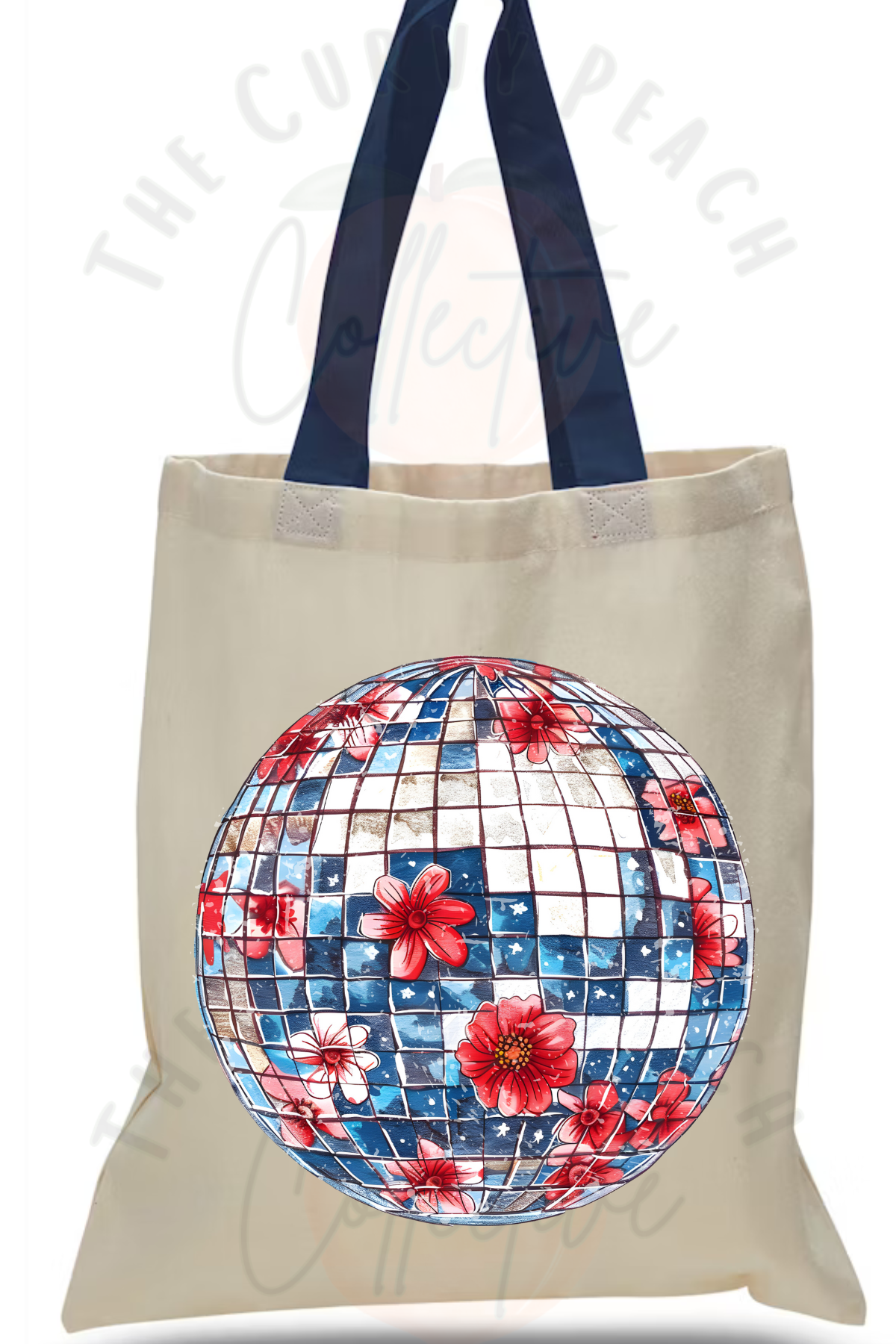 Natural Canvas Tote Bag with Navy Strap - Disco Ball