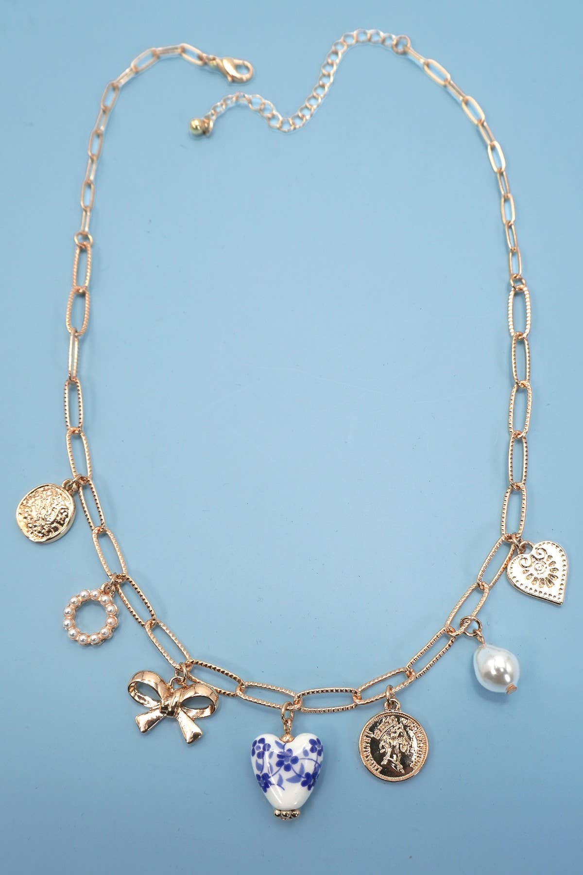 CERAMIC PORCELAIN BOW HEART CHARM LINK NECKLACE Gold