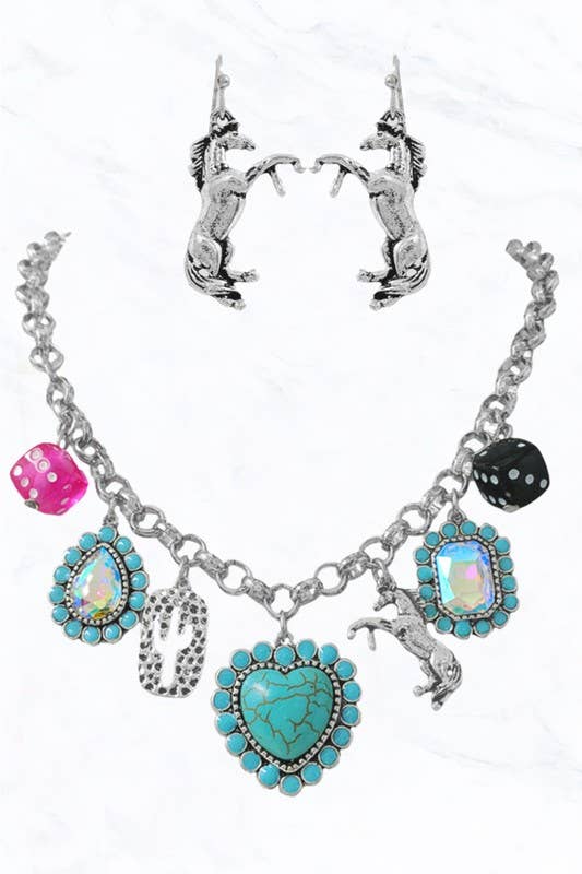 Mixed Charm Necklace & Unicorn Earring Set