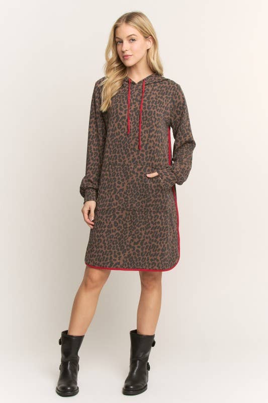 ED6906-10 ANIMAL URBAN RIBBED MINI HOODIE DRESS: Brown