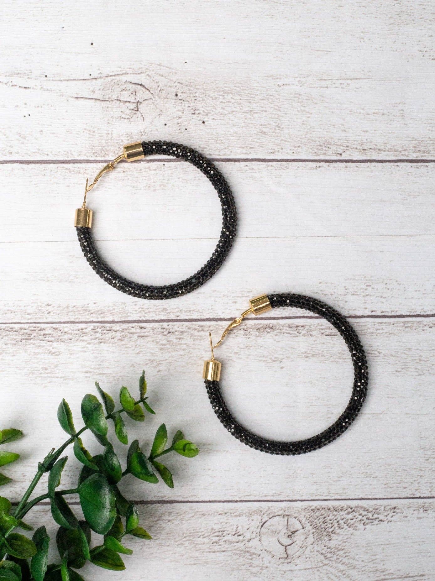 LET'S GO GIRLS BLACK CRYSTAL HOOP EARRINGS: Black / One Size