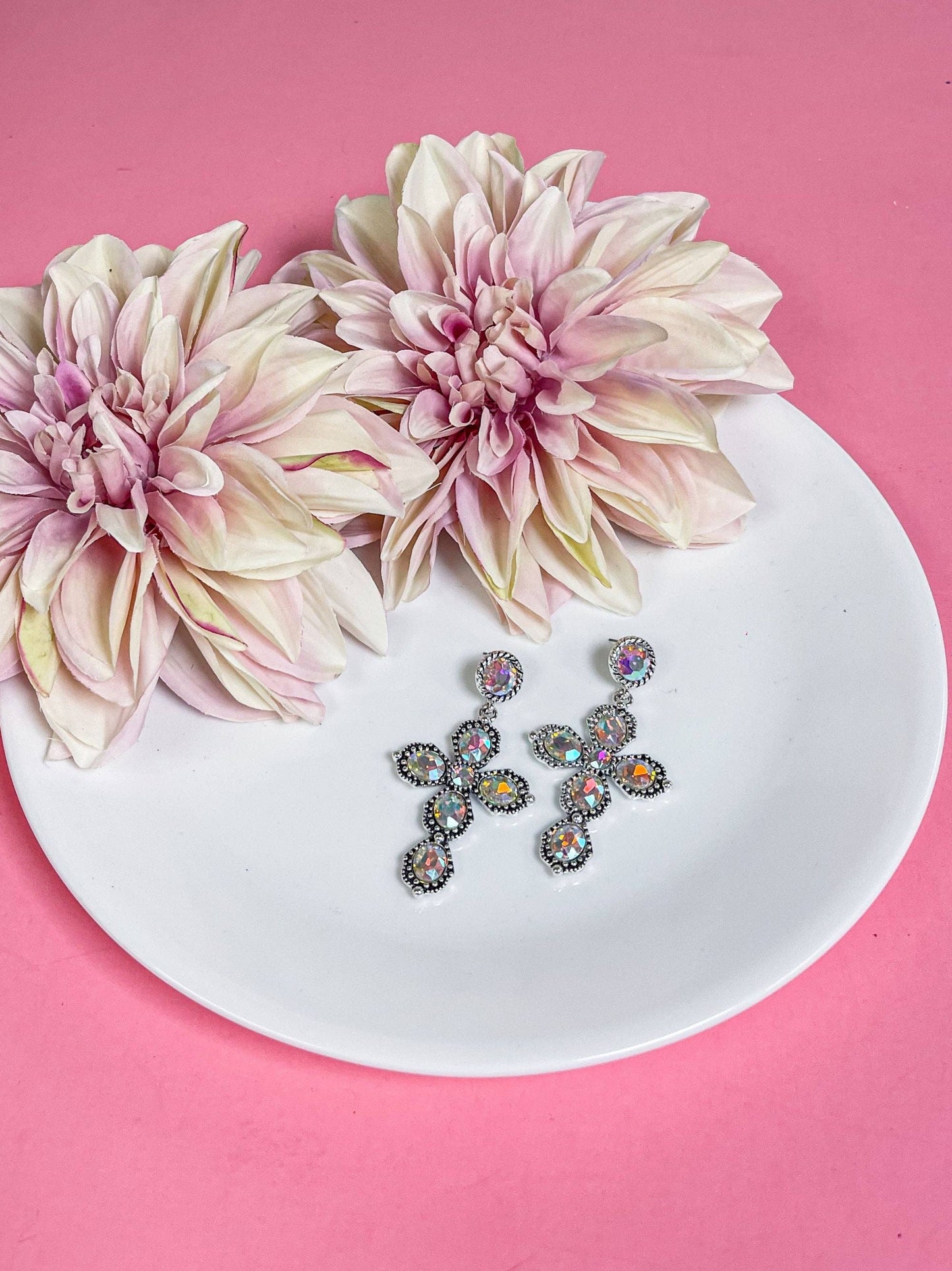 Silver Crystal Cross Earrings: White / One Size