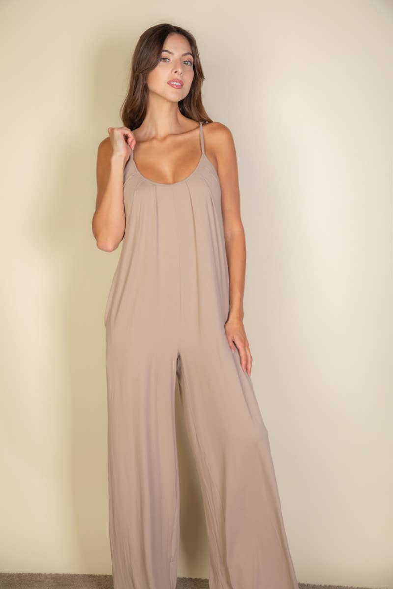 Spaghetti strap solid wide jumpsuit: Black