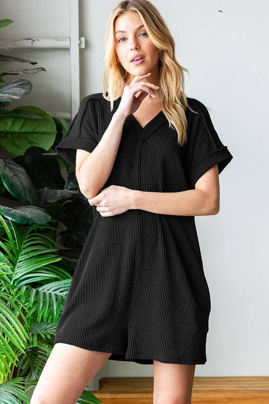 EP6807-10 SHORT SLEEVE SOLID URBAN RIBBED ROMPER: Black / 2-2-2 (S-M-L)