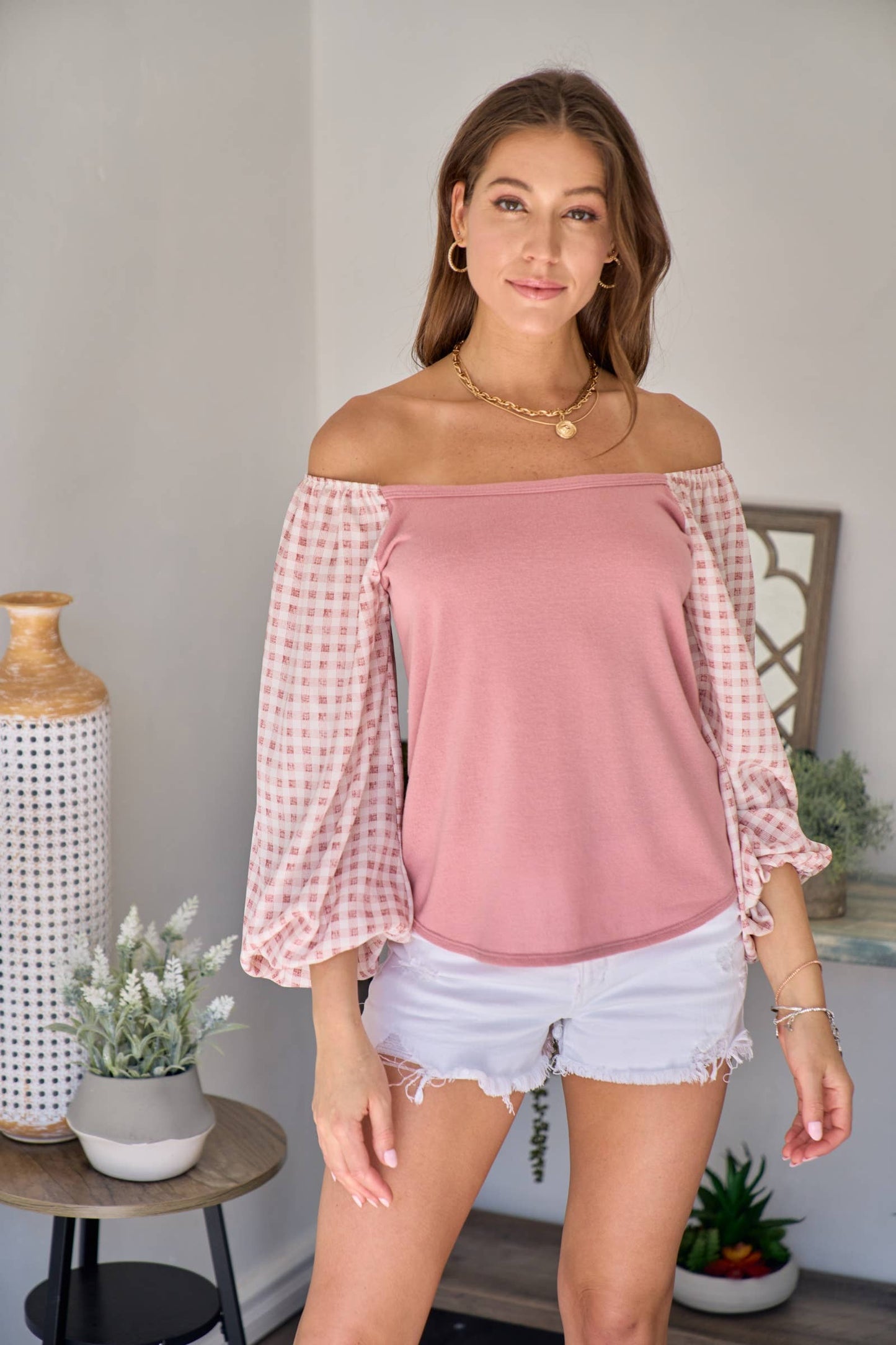 Woven and knit mixed long-sleeve top: Pink / Contemporary