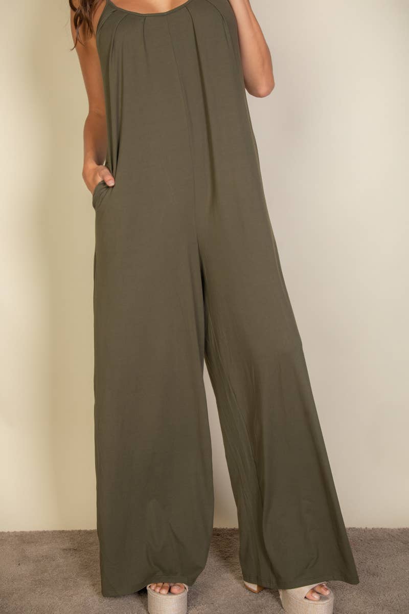 Spaghetti strap solid wide jumpsuit: Black