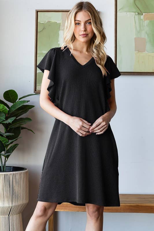 SOLID URBAN RIBBED RUFFLED SLEEVE MINI DRESS: Black