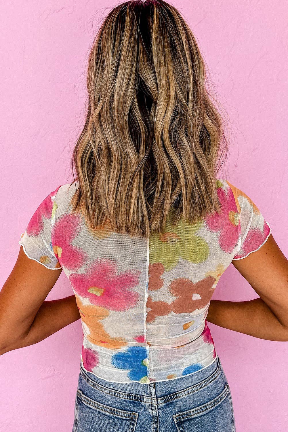 Multicolour Floral Mesh Lettuce Trim Cropped T Shirt: Multicolour