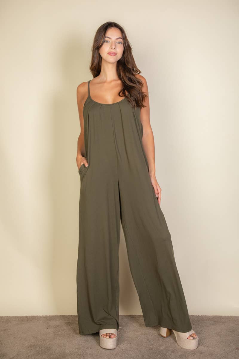 Spaghetti strap solid wide jumpsuit: Black