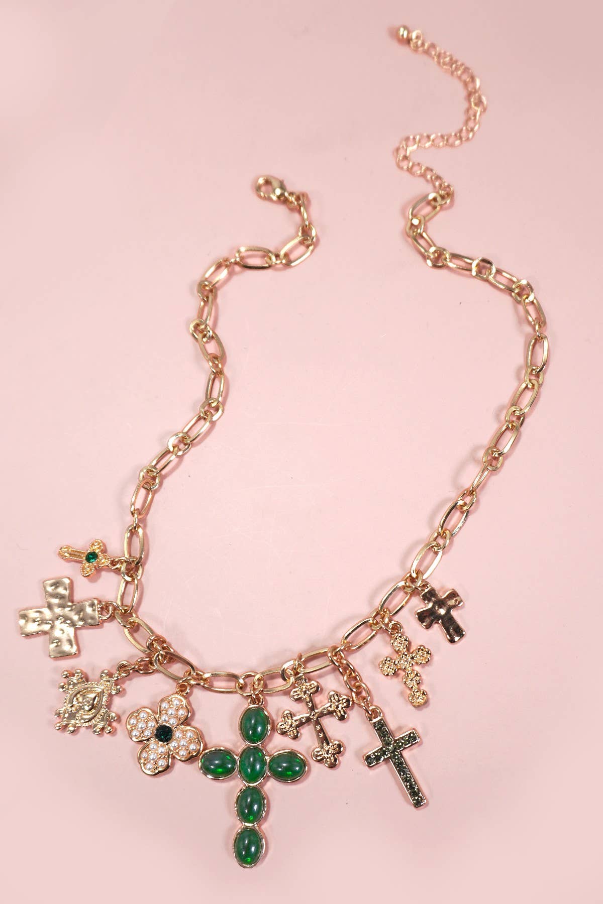 CHARM NECKLACE-MULTI CROSS CHARMS NECKLACE | 80N1290: GOLD