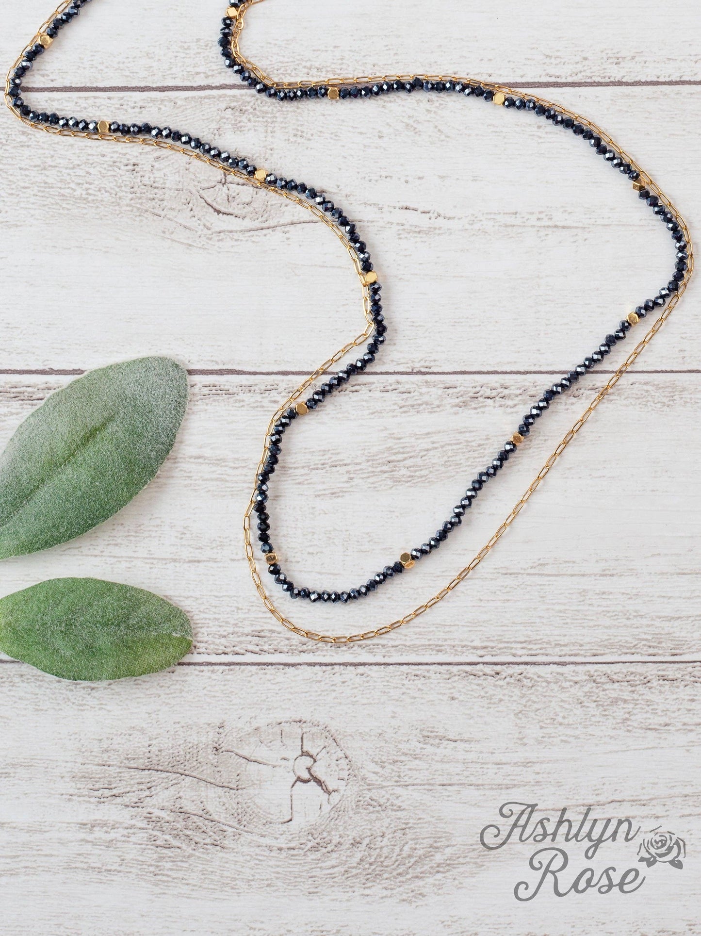 Glitz, Glam, Simple Strands Double Beaded Navy Blue Necklace with A Gold Chain: Mix Pattern / One Size