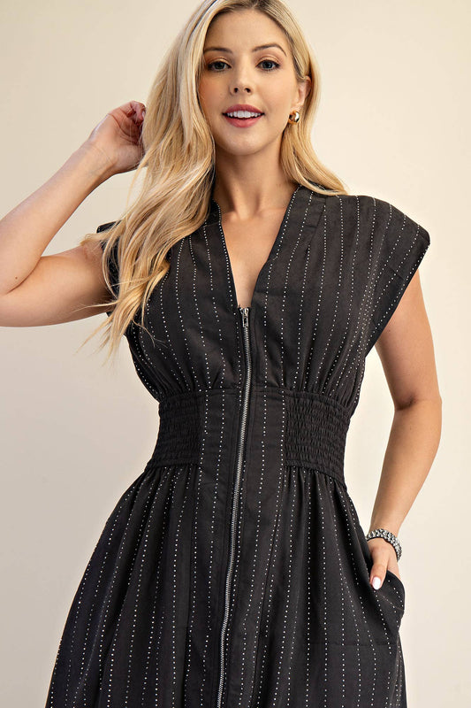 V-Neck Shoulder Padded Front Zip Midi Dress: Black