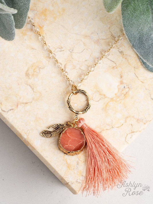 Just Peachy Beaded Necklace with Feather Charm and Peach Stone & Tassel: Peach / One Size