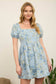 FLORAL LIGHT DENIM PUFF SLEEVE MINI DRESS: LIGHT DENIM