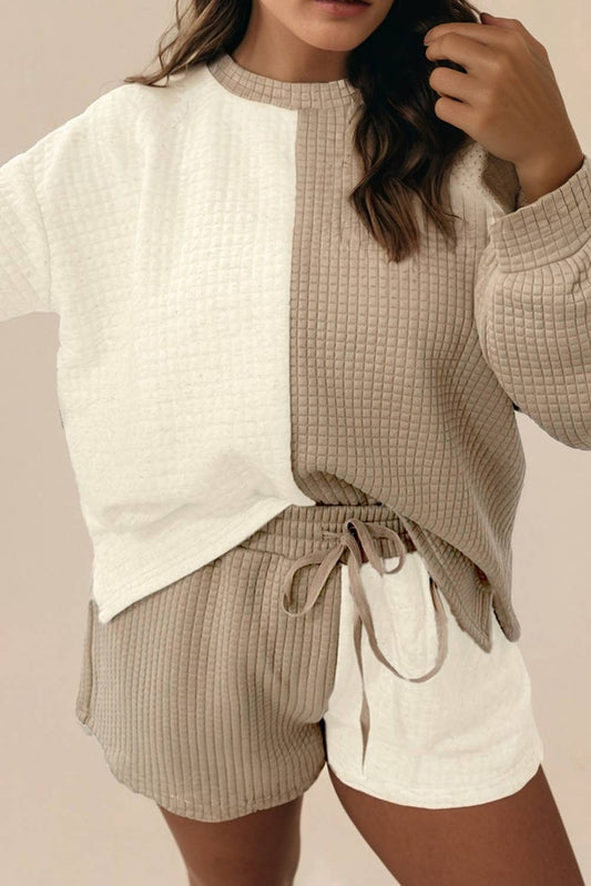 Colorblock Patchwork Textured Long Sleeve Top 2pcs Short Set: Beige