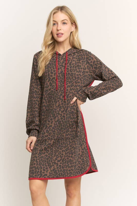 ED6906-10 ANIMAL URBAN RIBBED MINI HOODIE DRESS: Brown