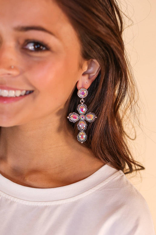 Silver Crystal Cross Earrings: White / One Size
