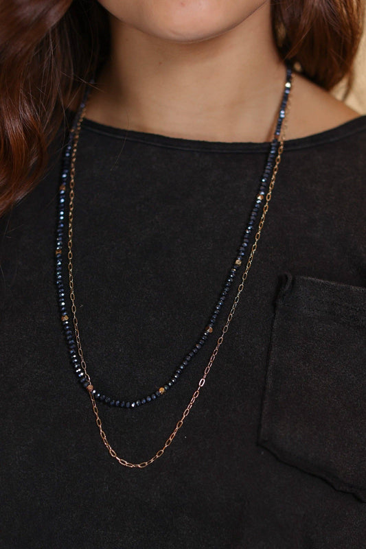 Glitz, Glam, Simple Strands Double Beaded Navy Blue Necklace with A Gold Chain: Mix Pattern / One Size