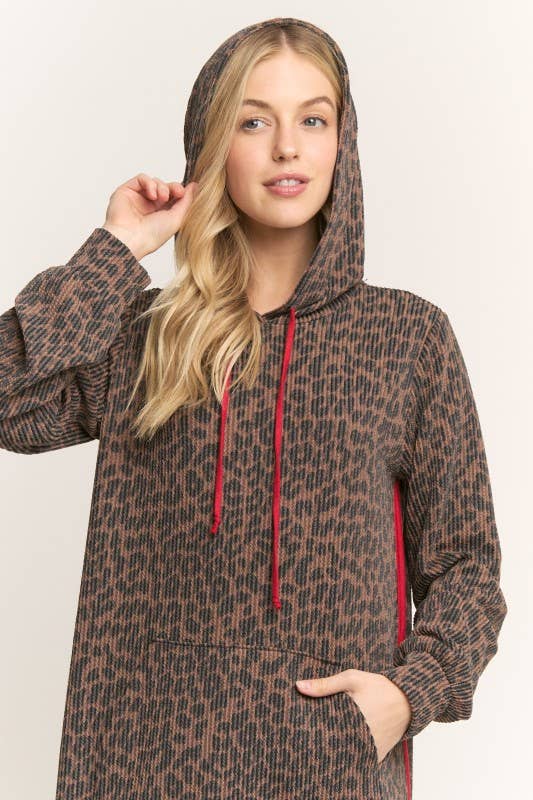 ED6906-10 ANIMAL URBAN RIBBED MINI HOODIE DRESS: Brown