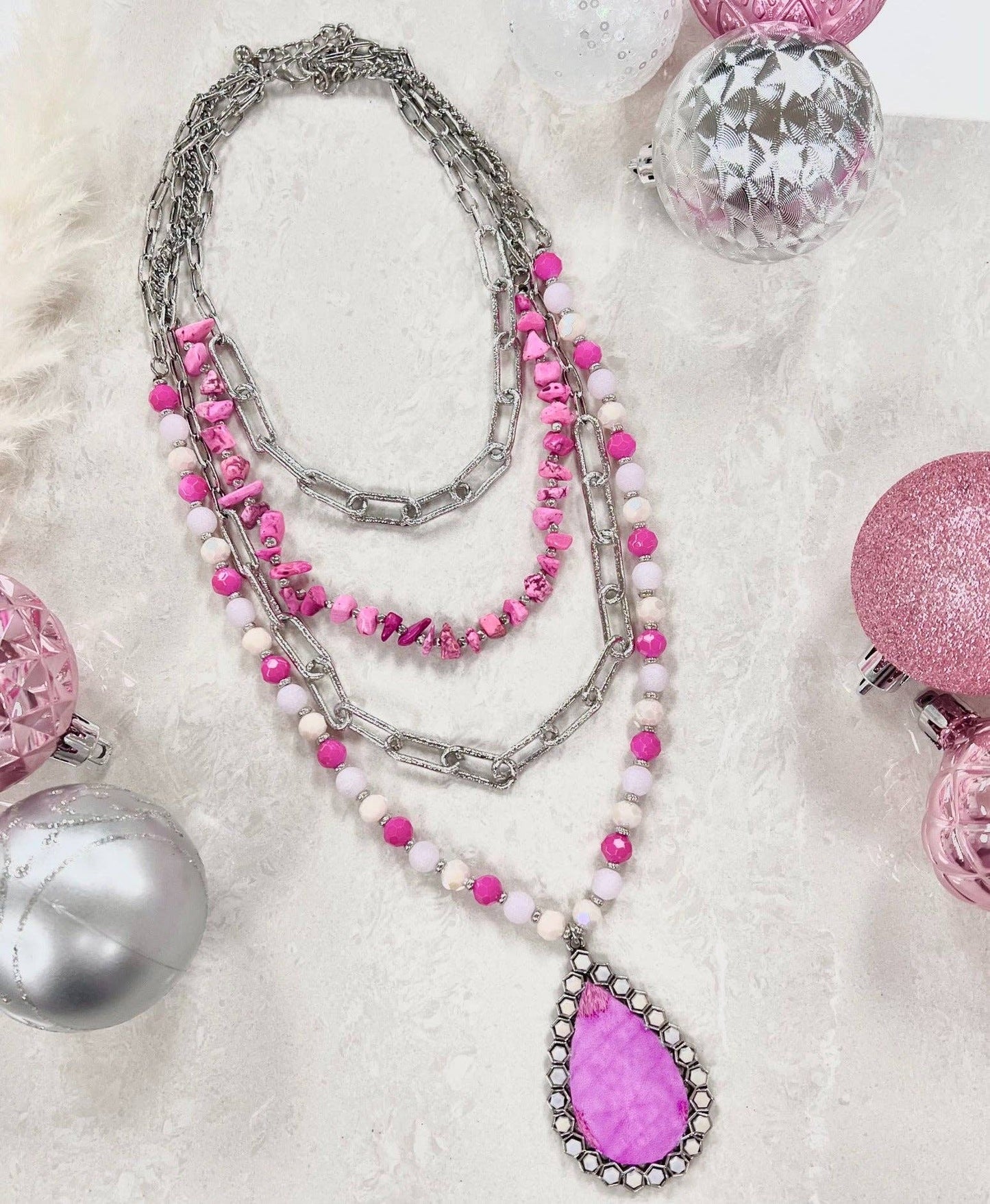 Pink Moment Four Strand Silver Necklace: Silver / One Size