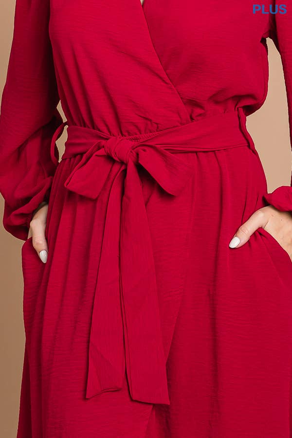 FAUX WRAP MAXI HIGH & LOW DRESS: DARK RED