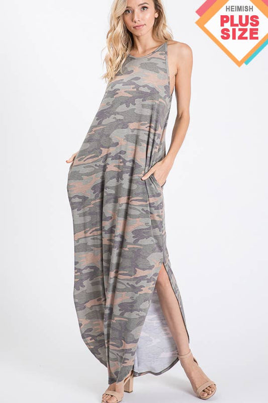 PLUS CAMO PRINT MAXI DRESS: OLIVE CAMO