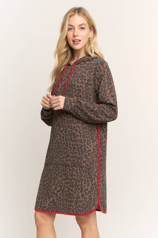 ED6906-10 ANIMAL URBAN RIBBED MINI HOODIE DRESS: Brown